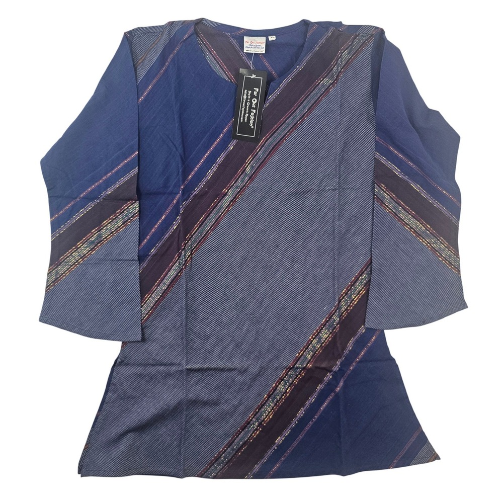Far Out Fashion Blue Purple Diagonal Stripe Metallic Boho Tunic Top XL NWT